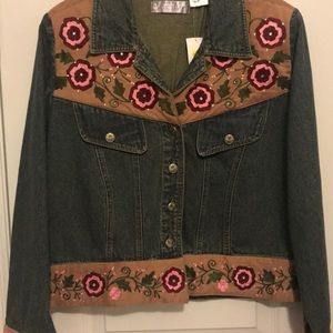 Denim Jacket with Embroidery and Suede Detail